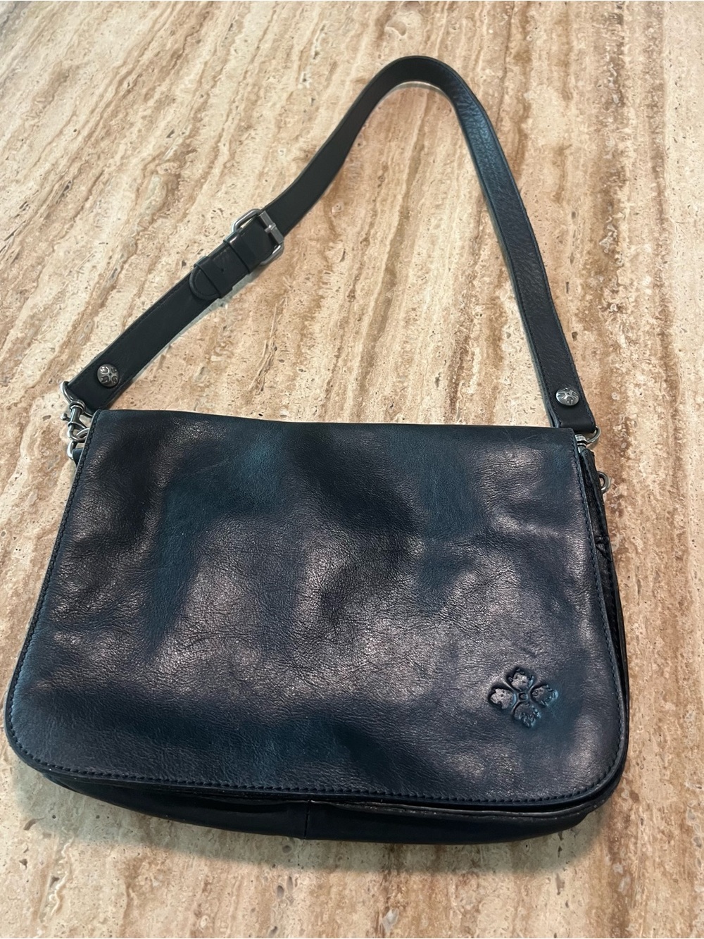 Patricia Nash Classic Black Leather Flap Over Saddle Shoulder Bag